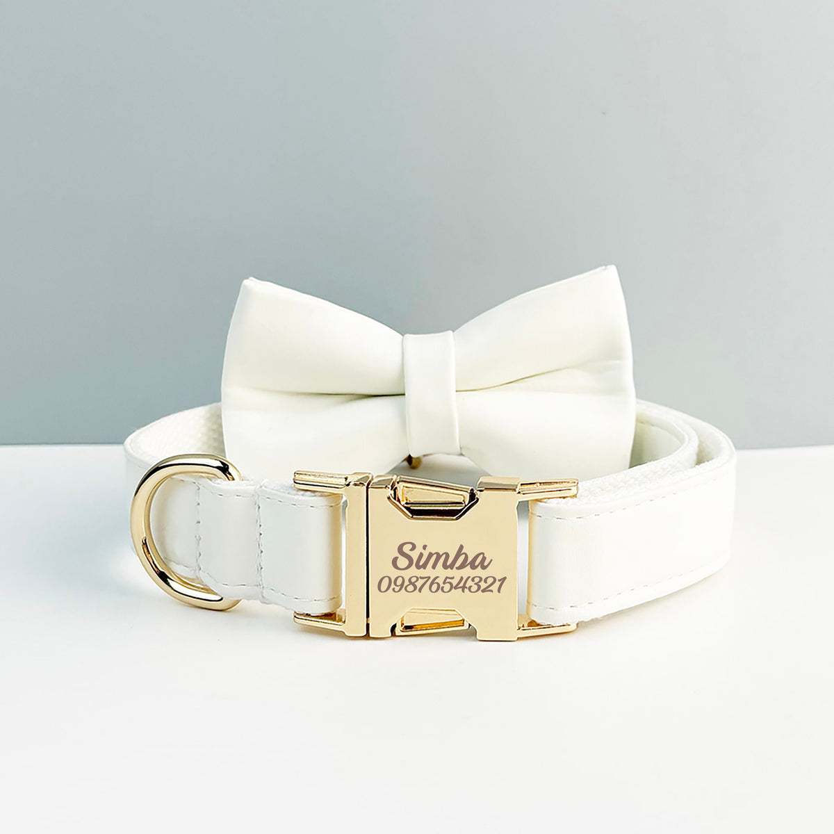 Leather Dog Harness, White PU Collar/Lead/Bowtie/Harness/Bag,Solid Dog Collar Leash Set, Engraved Metal Buckle,Easy Clean,Wedding Puppy Gift