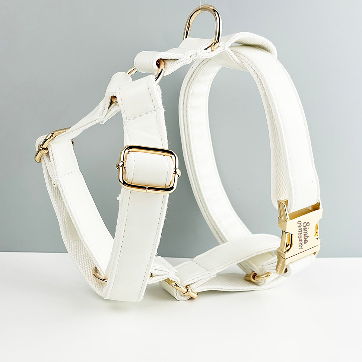 Leather Dog Harness, White PU Collar/Lead/Bowtie/Harness/Bag,Solid Dog Collar Leash Set, Engraved Metal Buckle,Easy Clean,Wedding Puppy Gift