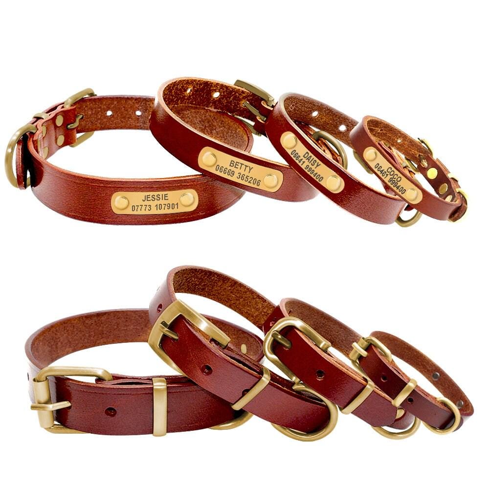 Leather dog collar Personalised classic genuine brown leather (gold/silver buckle) * custom dog collar with nameplate