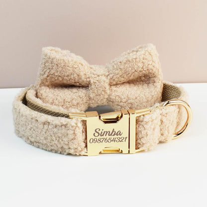 Teddy Bear Dog Collar, Personalised Tag, FluffyTartan Dog Collar and Leash or Bow, Collar for Male Dog, Engraved Name on Dog Collar