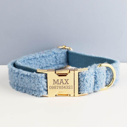 Teddy Bear Dog Collar, Personalised Tag, FluffyTartan Dog Collar and Leash or Bow, Collar for Male Dog, Engraved Name on Dog Collar