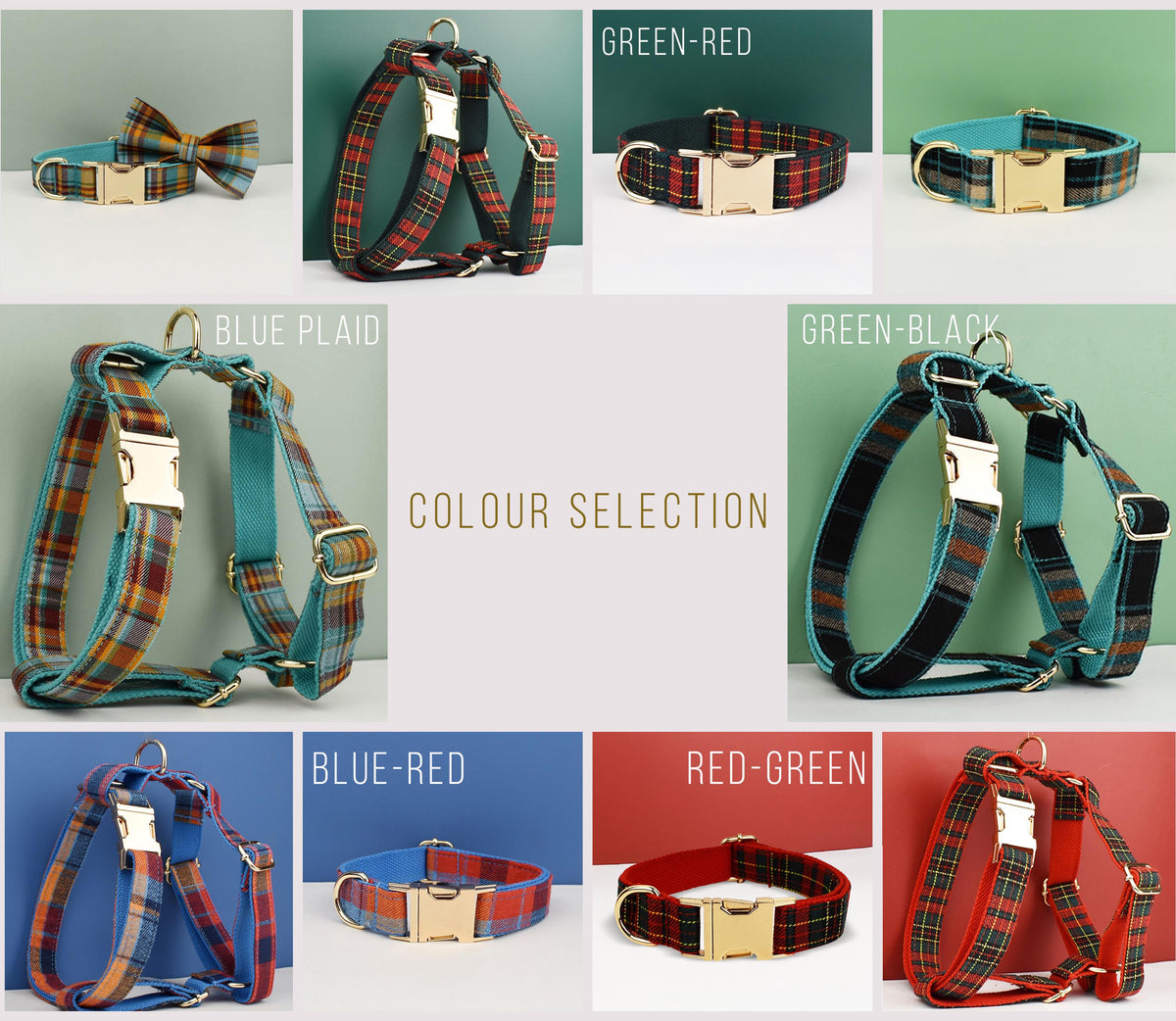 Personalised Tartan Christmas Dog Collar, Harness, Leash Green and Red Checkered Plaid Style, Different Combo, Dog Collar or Lead Set