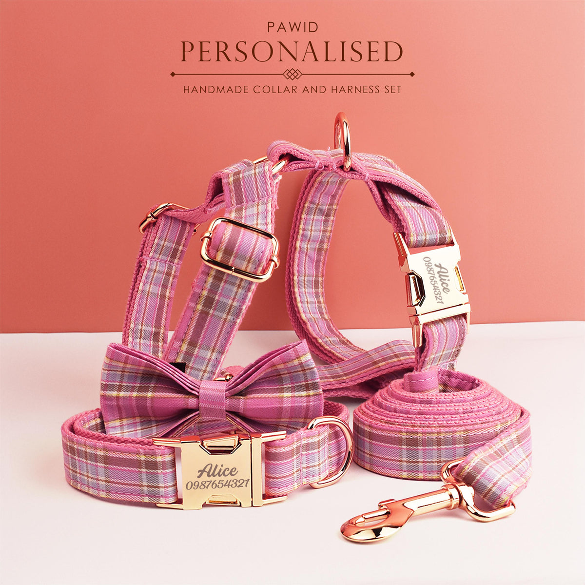 Custom Pink Plaid Personalised Dog Collar, Matching Dog Bowtie, Dog Leash, H-Style Dog Harness