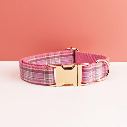 Custom Pink Plaid Personalised Dog Collar, Matching Dog Bowtie, Dog Leash, H-Style Dog Harness