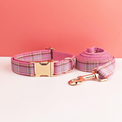 Custom Pink Plaid Personalised Dog Collar, Matching Dog Bowtie, Dog Leash, H-Style Dog Harness