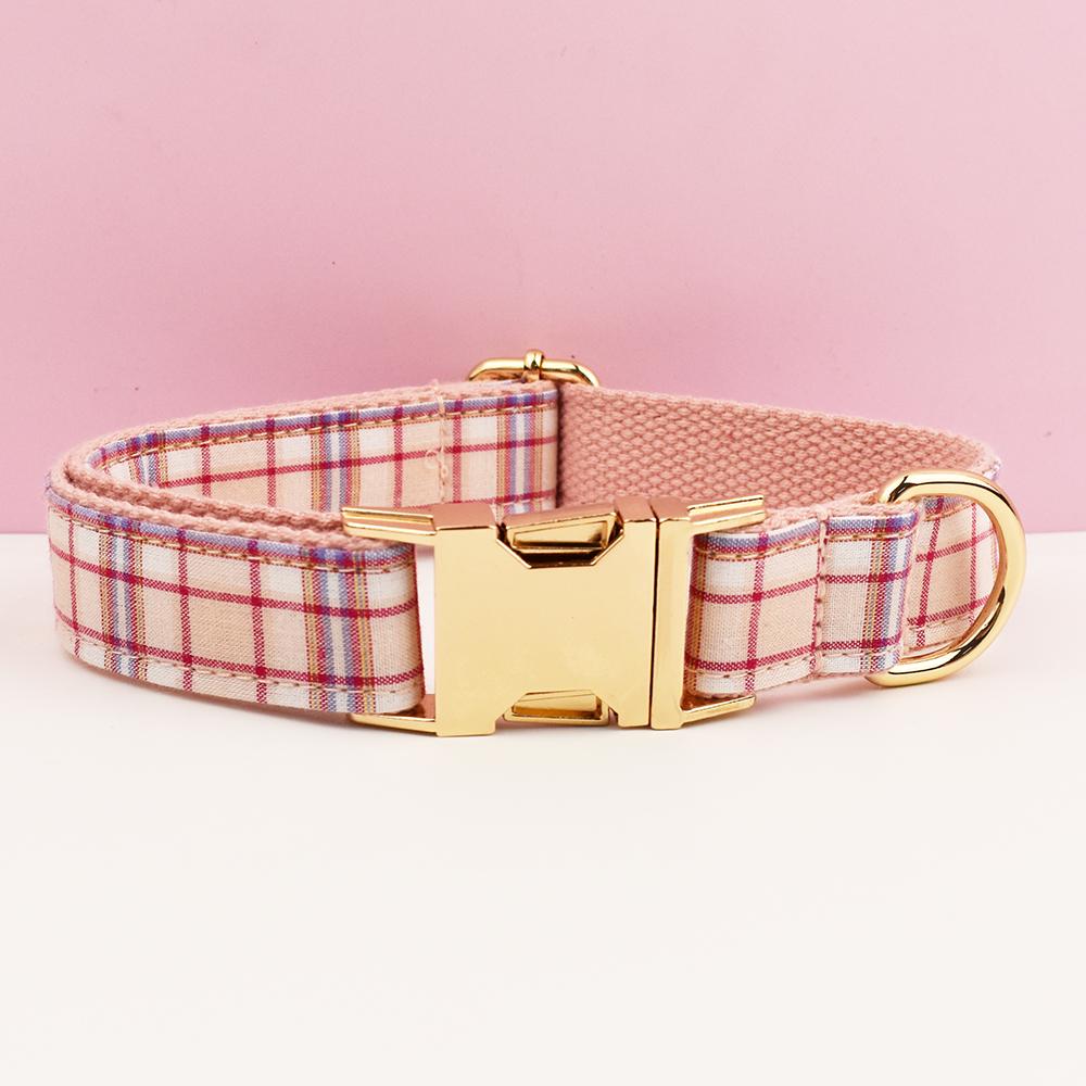 Plaid Dog Collar, Personalised Tag, Tartan Dog Collar and Leash or Bow, Collar for Male Dog, Pink, Light Pink, Green, Purle Gingham