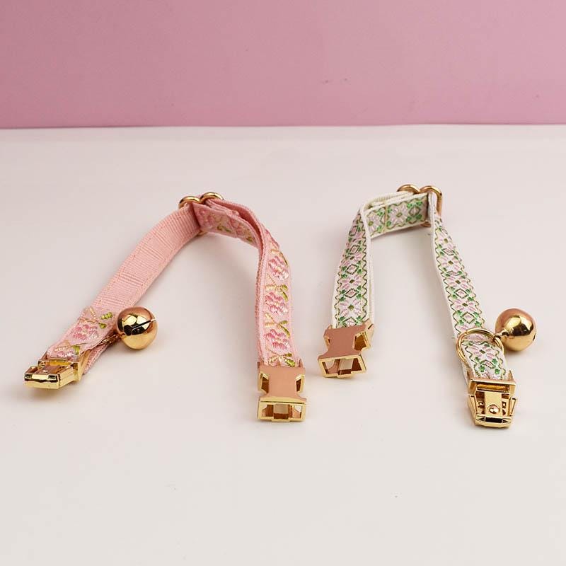 Girl Cat Collar, Personalised Tag, Custom Embroidery Cat Collar with Bell or Leash, Collar for female Cat, Engraved Name Lace Puppy Collar