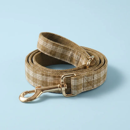 Personalised Dog Collar & Harness Set - Khaki Plaid (Light Blue Theme)