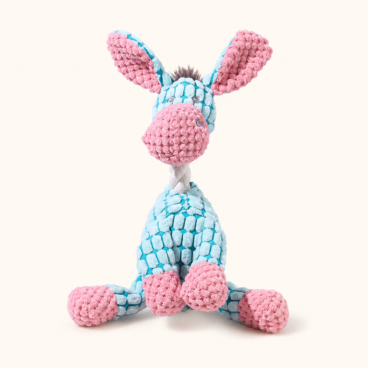 Blue donkey corduroy squeaky dog toy on cream background
