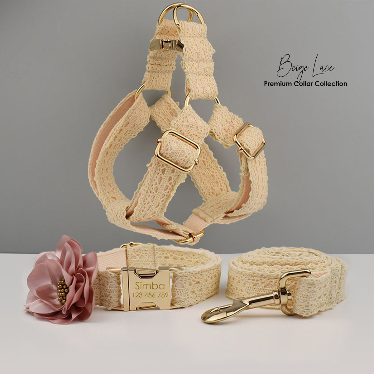 Personalised Dog Collar or Dog Lead Set in Beige and Lace Pattern, Trendy Style for Wedding for Small Medium Large Female Dogs