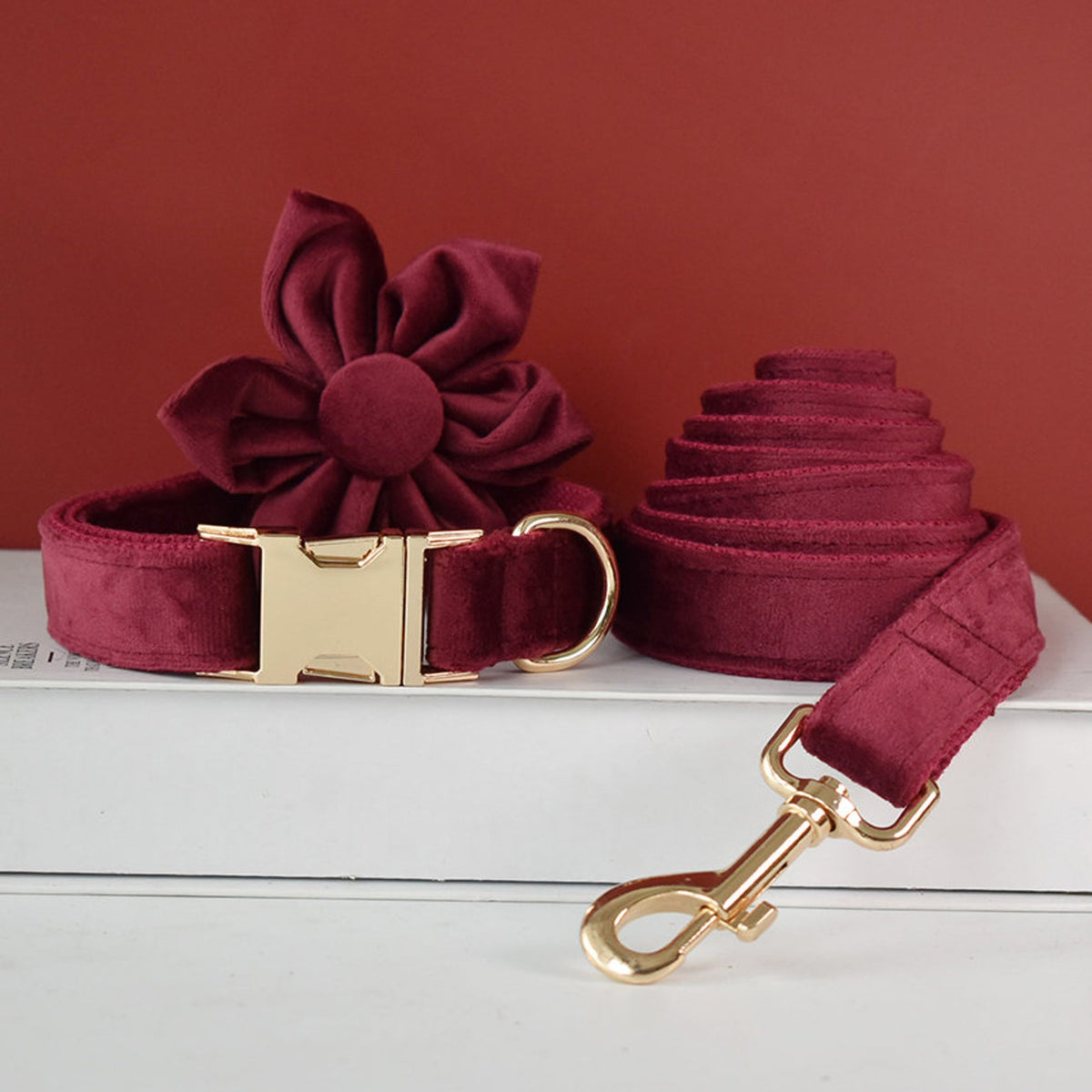 Personalised Thick Velvet Burgundy Dog Collar and Lead Set, Matching Bowtie
