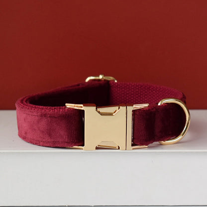 Personalised Thick Velvet Burgundy Dog Collar and Lead Set, Matching Bowtie