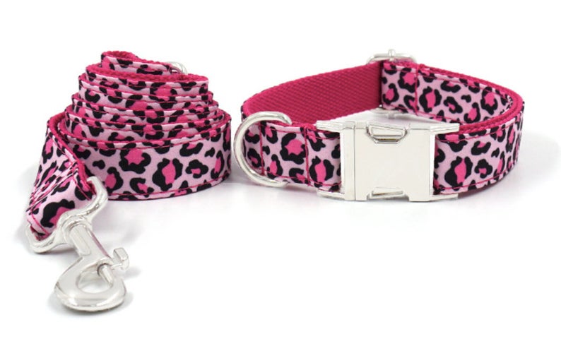 Personalised Pink Leopard Dog Collar Set