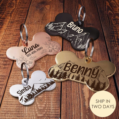 Custom Bone-Shaped Dog Tag with Mountain and Floral Pattern - Personalised Pet ID Tag with Unique Design