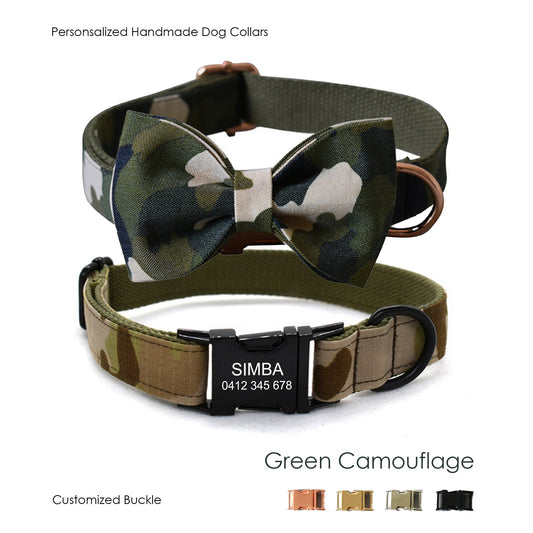 Green Camouflage Engraved Dog Collar Set