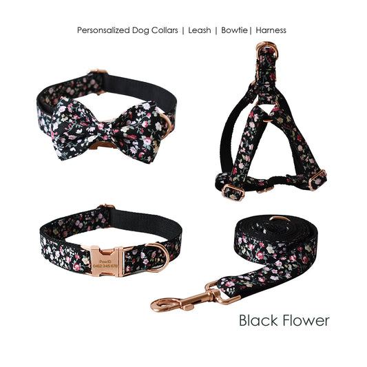 Black Floral Dog Collar and Lead Set, Bowtie and Step-in Harness