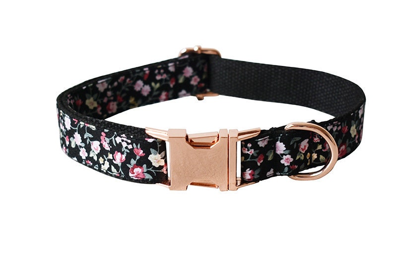 Black Floral Dog Collar and Lead Set, Bowtie and Step-in Harness