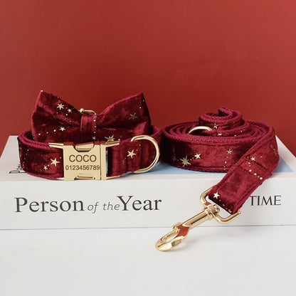 Thick Velvet Golden Star Dog Collar and Lead Set, Bowtie and Harness