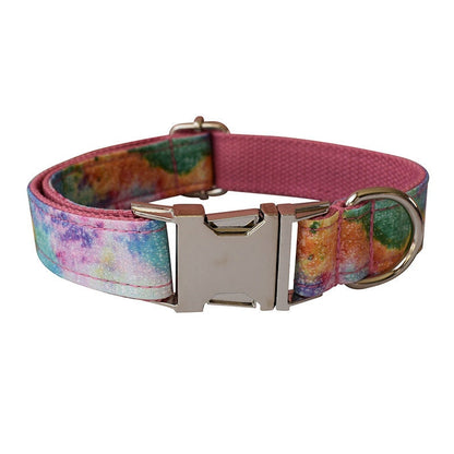 Pink Nebula Tie Dye Dog Collar and Leash Set, Step in Harness, Dog Bow
