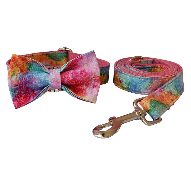 Pink Nebula Tie Dye Dog Collar and Leash Set, Step in Harness, Dog Bow