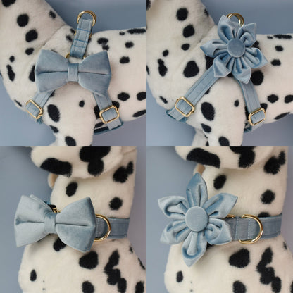 Thick Velvet AIR FORCE BLUE Dog Collar Harness and Leash Set
