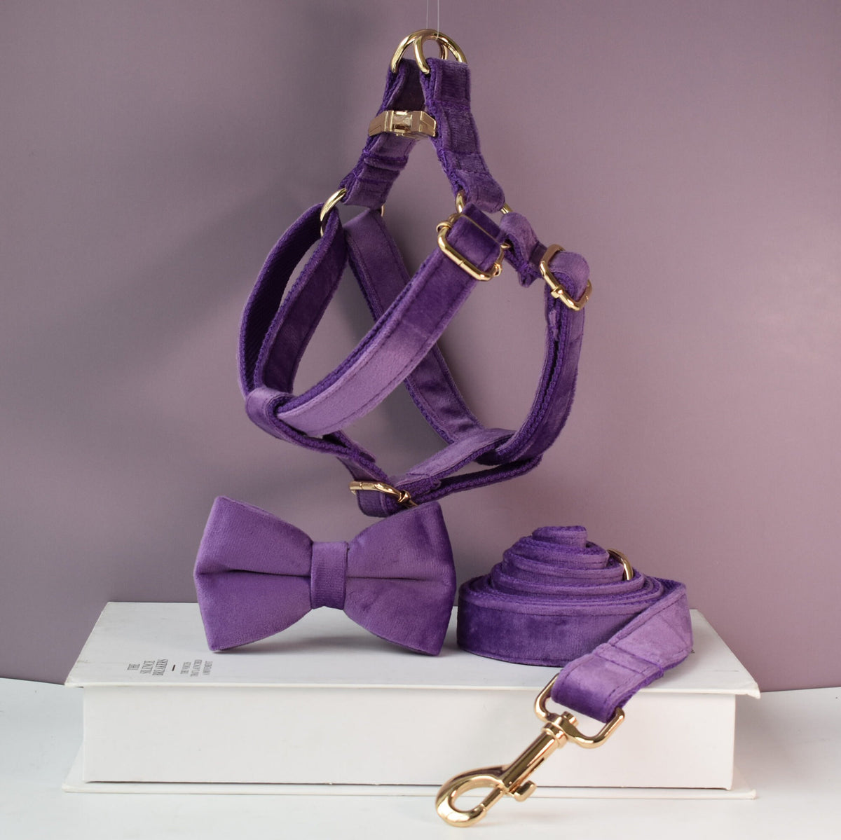 Purple Personalised Dog Collar Combo Set, Matching Bowtie, Leash and Harness