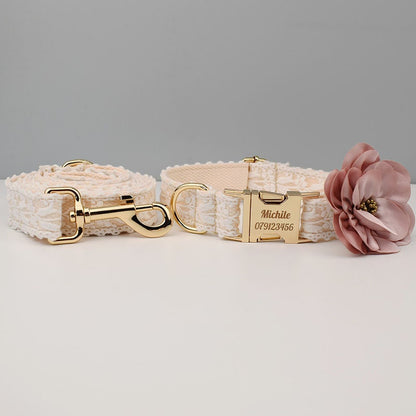 White Lace Wedding Dog Collar and Lead Set, Step-in Harness