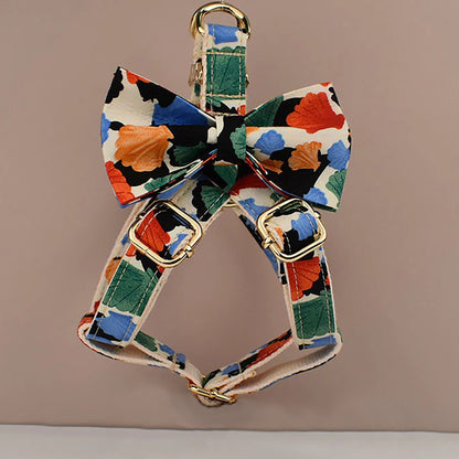 Colorful Shell Prints Dog and Lead Set, Step-In Harness, Bowtie