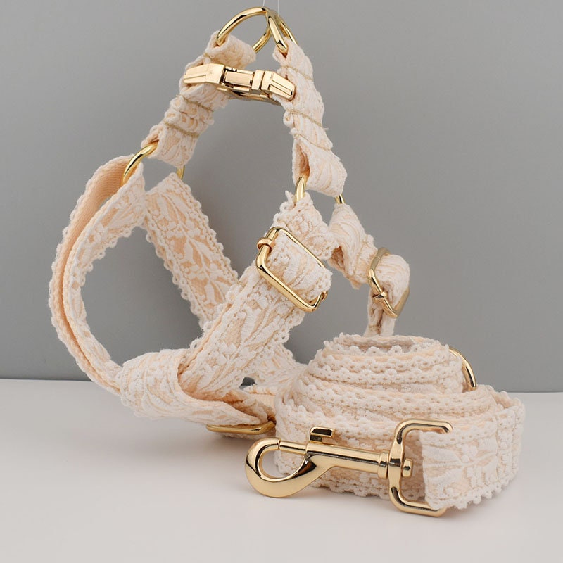 White Lace Wedding Dog Collar and Lead Set, Step-in Harness