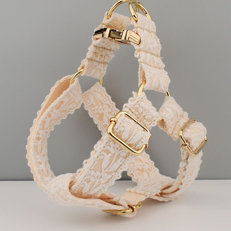 White Lace Wedding Dog Collar and Lead Set, Step-in Harness