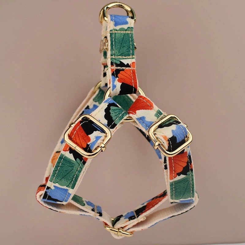 Colorful Shell Prints Dog and Lead Set, Step-In Harness, Bowtie